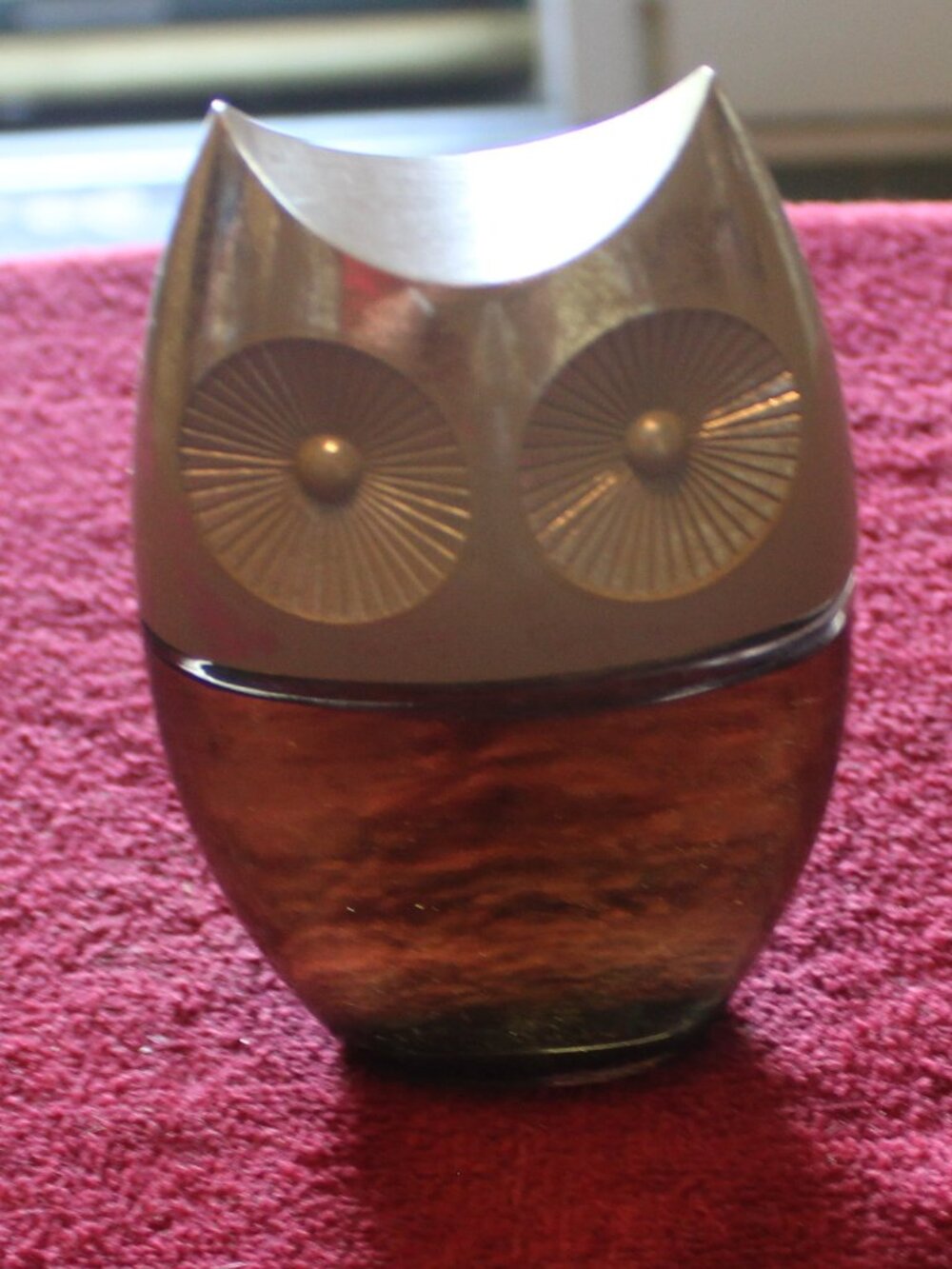 Vintage Avon "Wise Choice" owl decanter w/brown glass body, silver tone cap